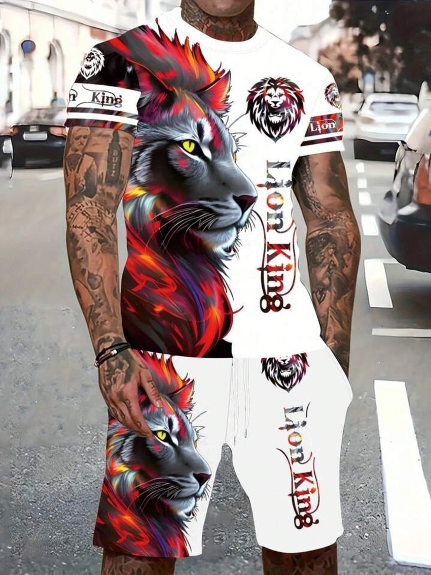 7DAY'S Men's Letter Lion Graphic Round Neck Short Sleeve Casual T-Shirt And Drawstring Waist Shorts Set - 7DAY'S