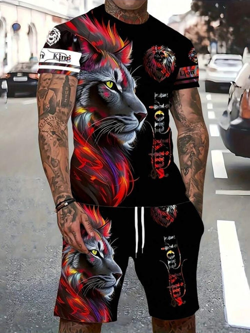 7DAY'S Men's Letter Lion Graphic Round Neck Short Sleeve Casual T-Shirt And Drawstring Waist Shorts Set - 7DAY'S