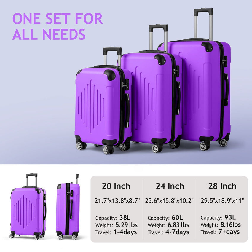 7DAY'S Trolley 3 - Piece Suitcase Set, Carry - On Suitcase Set Hard Shell Lightweight Spinner with TSA Lock, Purple, Green, Yellow, Blue - 7DAY'S