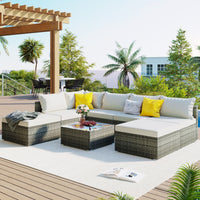 8 - Pieces Outdoor Patio Furniture Sets; Garden Conversation Wicker Sofa Set; Single Sofa Combinable - 7DAY'S