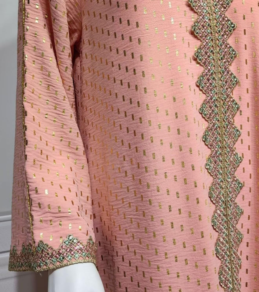 Boedaty Women Summer Muslim Abaya Dress One-Piece Embroidered V Neck Bronzing Kaftan Dress Full Length Party Dress