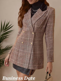 Mina Self 2025 Fall Women's Plaid Blazer - Houndstooth Long Double-Breasted Fully-Lined Slim Casual Work Office Jacket