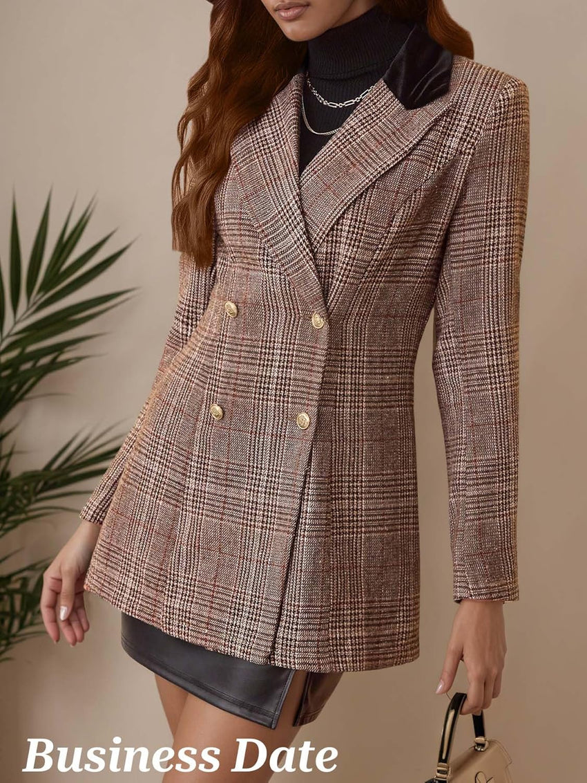 Mina Self 2025 Fall Women's Plaid Blazer - Houndstooth Long Double-Breasted Fully-Lined Slim Casual Work Office Jacket
