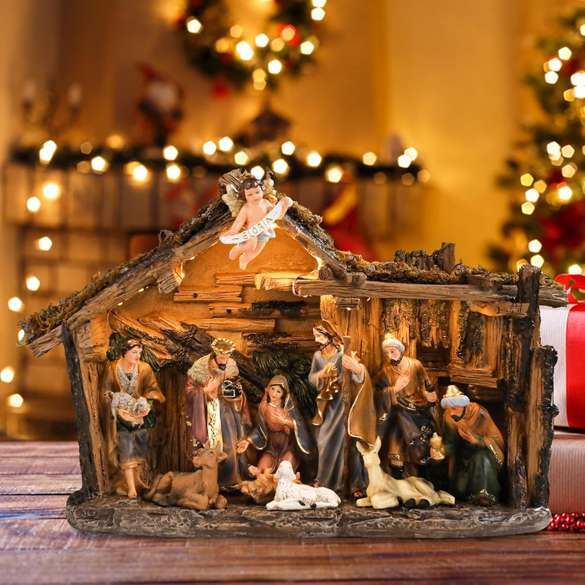 Bshine Nativity Scene Set Christmas Decor, Wooden Stable with LED Lights 12.4x9.05 Holy Family with Manger Baby Jesus Figurine, Nativity Scene Indoor Decor Home Desktop Collectible Ornaments
