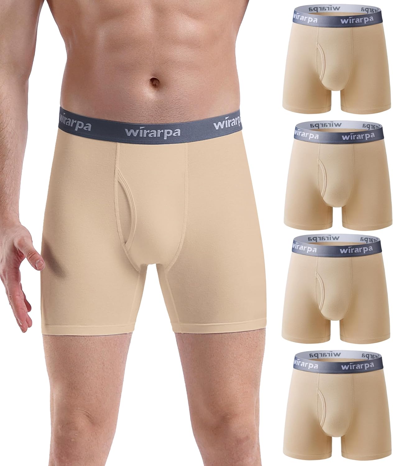 wirarpa Men's Boxer Briefs Cotton Stretch Underwear Open Fly Tagless Underpants Regular Leg 4 PackPack