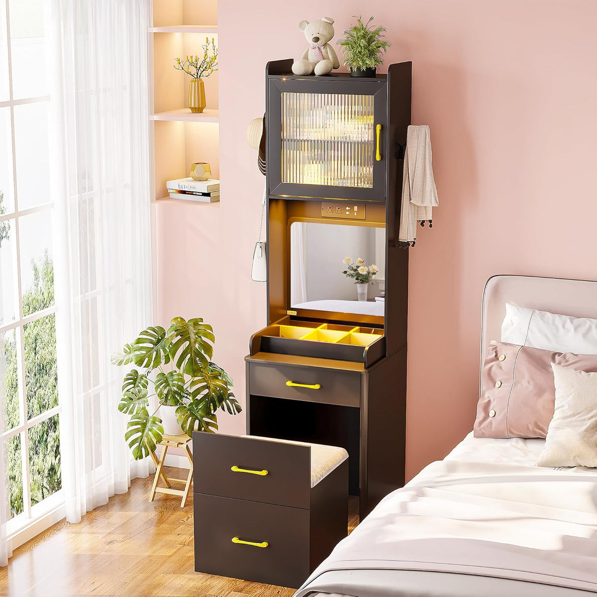 Gurexl 3 in 1 Small Vanity Desk with Lights and Mirror,Tall Lighted Compact Vanity with Charging Station,Makeup Vanity Set with Jewelry Armoire,Glass Top,Wheeled Stool with Storage,3 Drawers