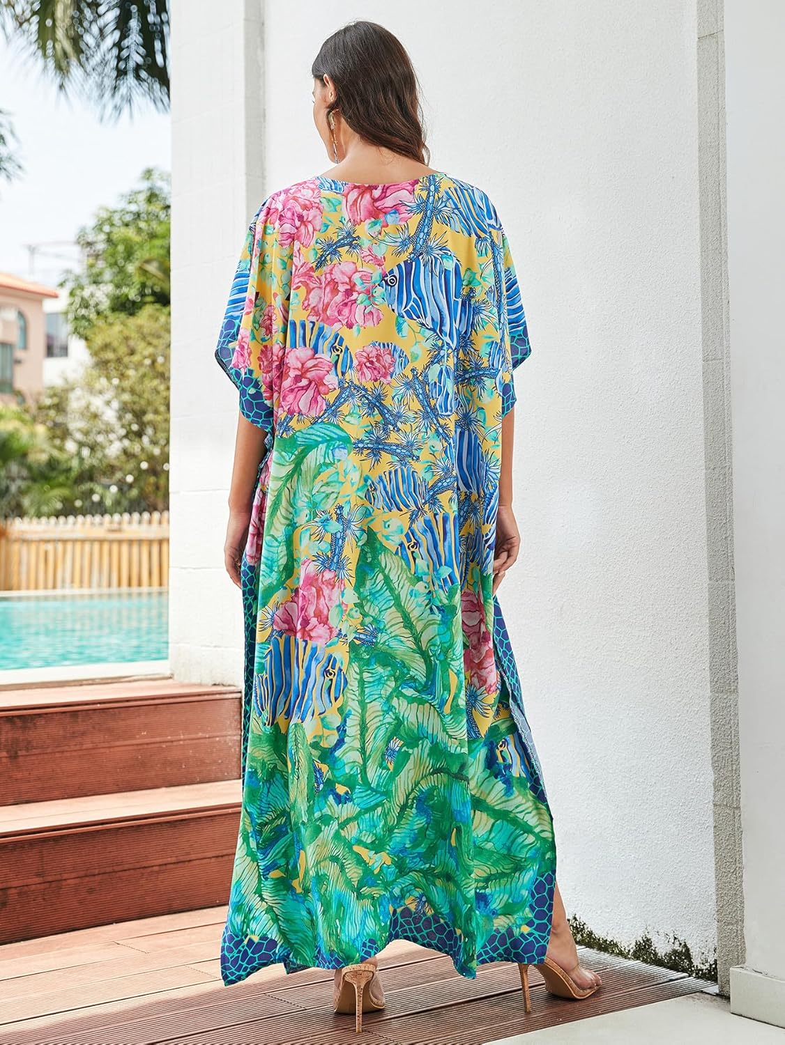 Women's Plus Size Loose Fit Moroccan Print V-Neck Batwing Kaftan Beach Dress Bathing Suit Cover Up