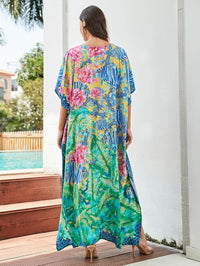 Women's Plus Size Loose Fit Moroccan Print V-Neck Batwing Kaftan Beach Dress Bathing Suit Cover Up