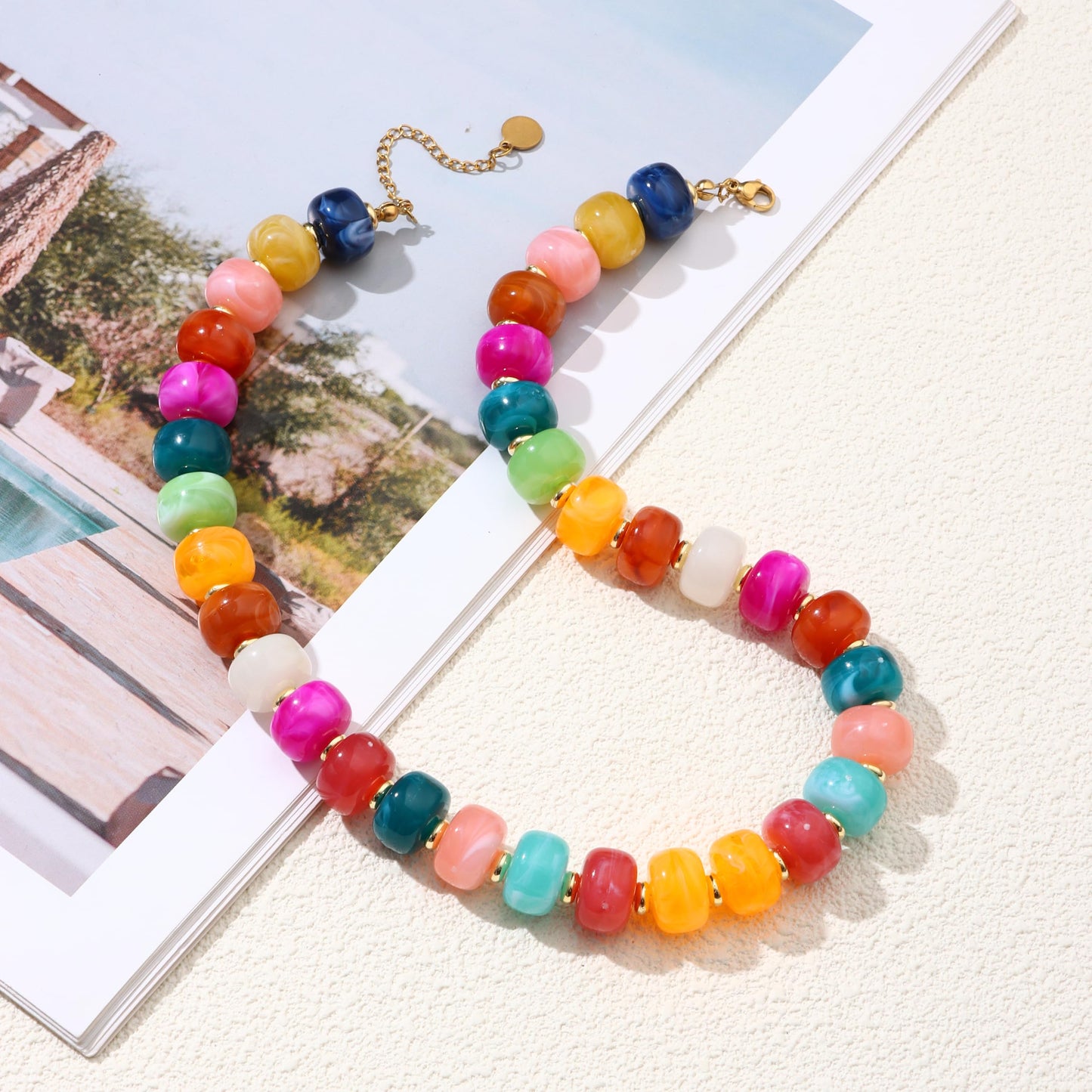 Chunky Beaded Statement Necklace for Women Trendy Colorful Boho Resin Bead Choker Necklaces Summer Handmade Jewelry Gifts Accessories