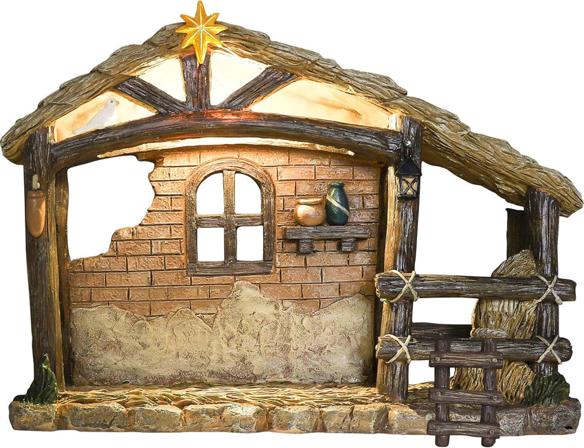 Christmas Nativity Stable, Christmas Decoration Resin Nativity Scene, Hand Painted Jesus Birth Manger Figurines with LED Light, Classic Xmas Table Ornaments for Holiday Indoor Tabletop Fireplace Gift