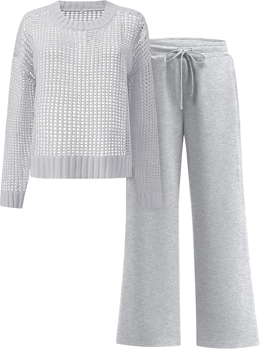 ANRABESS Womens 2 Piece Outfits Crochet Sheer Knit Sweater Top Wide Leg Pants Lounge Sets Sweatsuit 2025 Fall Travel Clothes