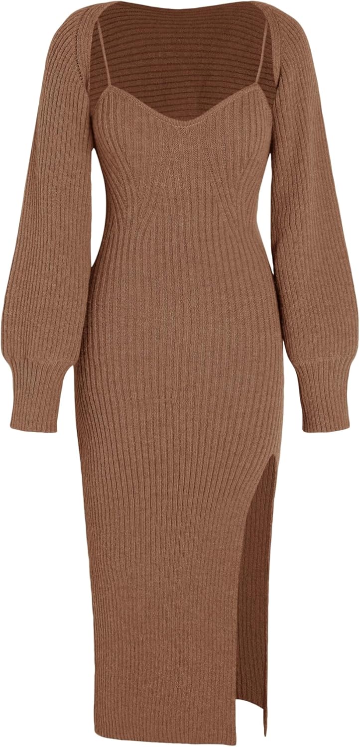 CIDER 2 Piece Sweater Dresses for Women Winter Slit Long Sleeve Womens Midi Dress Pullover Bodycon Wedding Guest Outfits