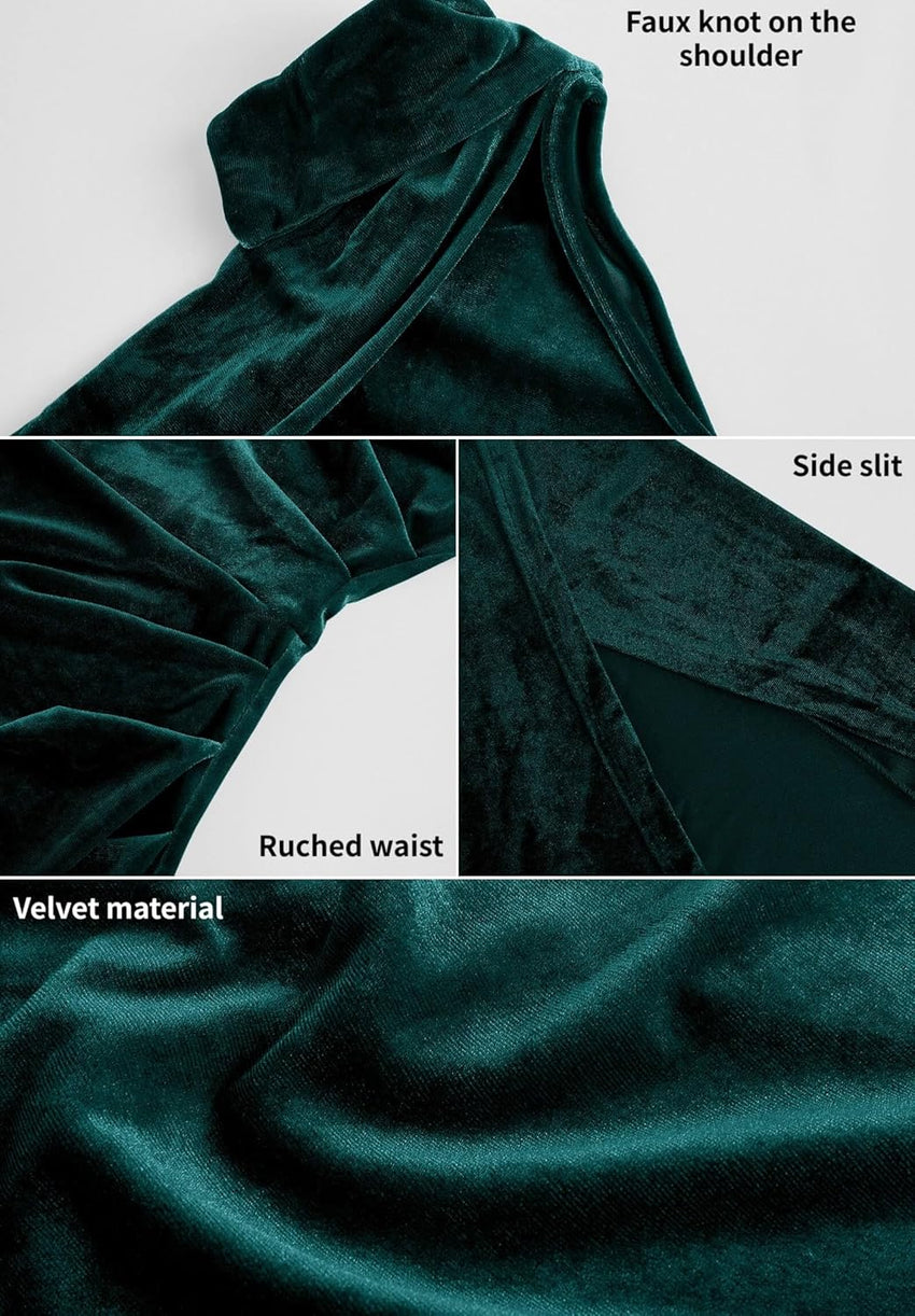 Wenrine Women's One Shoulder Velvet Dresses Slim Fitted Slit Faux Wrap Sexy Bodycon Evening Dress