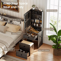 Makeup Vanity Desk with Mirror and Lights,Small Vanity Desk Set with Charging Station & Glass Top,Compact Dressing Table with Jewelry Cabinet & Storage Wheel Stool for Bedroom, Rustic Brown