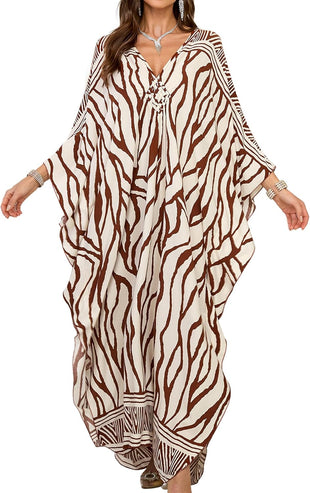 Women Kaftan Dresses Plus Size V-Neck Batwing Sleeves Beach Cover Up 2025 Summer Floral Print Caftan Dress