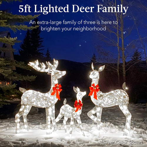 Best Choice Products 3-Piece Large Lighted Christmas Deer Family Set 5Ft Outdoor Yard Decoration with 360 LED Lights, Stakes, Zip Ties - White