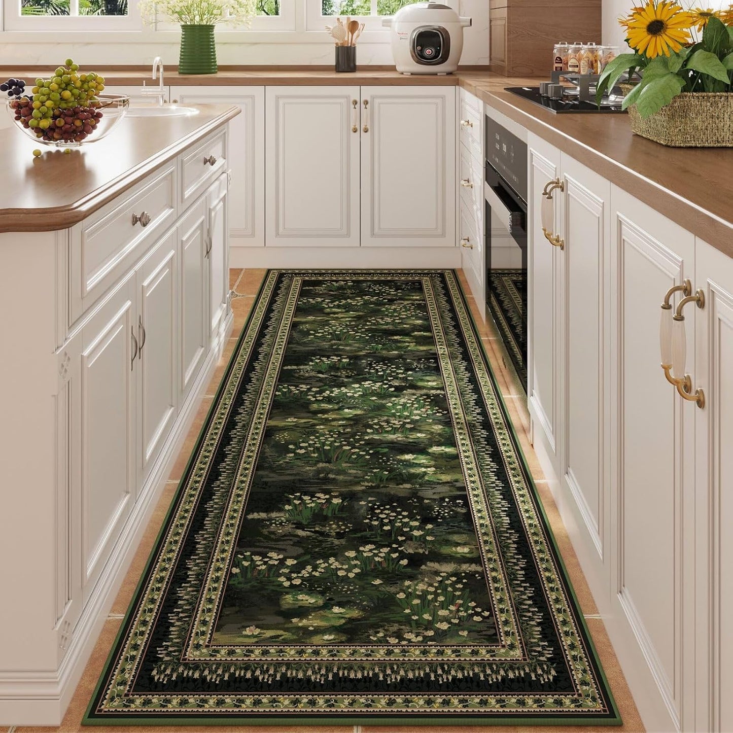 Rugcomf 4x6 Rug for Bedroom Impressionist-Style Vintage Washable Rugs Non Slip Low Pile Small Carpet for Bedside Kids Room Office Dining Room, Green