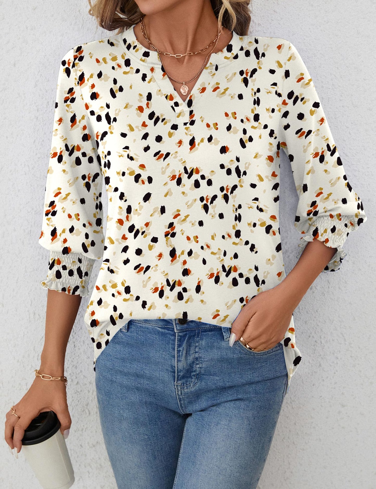 LOMON Blouses for Women Dressy Casual 3/4 Sleeve Tops for Women V Neck T Shirt Ladies Tops and Blouses Orange Blue Print L