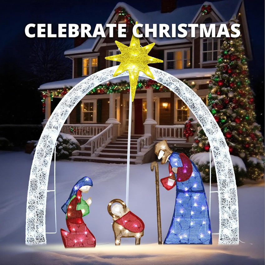 Outdoor Nativity Scene Set Christmas Decorations, 52" H Lighted Arch Holy Family Holiday Yard Decors Set, 115 Warm White LED Lights, Classic Xmas for Lawn, Garden, Easy Assembly