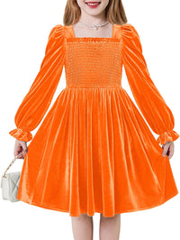 Arshiner Toddler Velvet Dress Girls Smocked Square Neck Puff Long Sleeve Party Dresses with Pockets 3-8Y