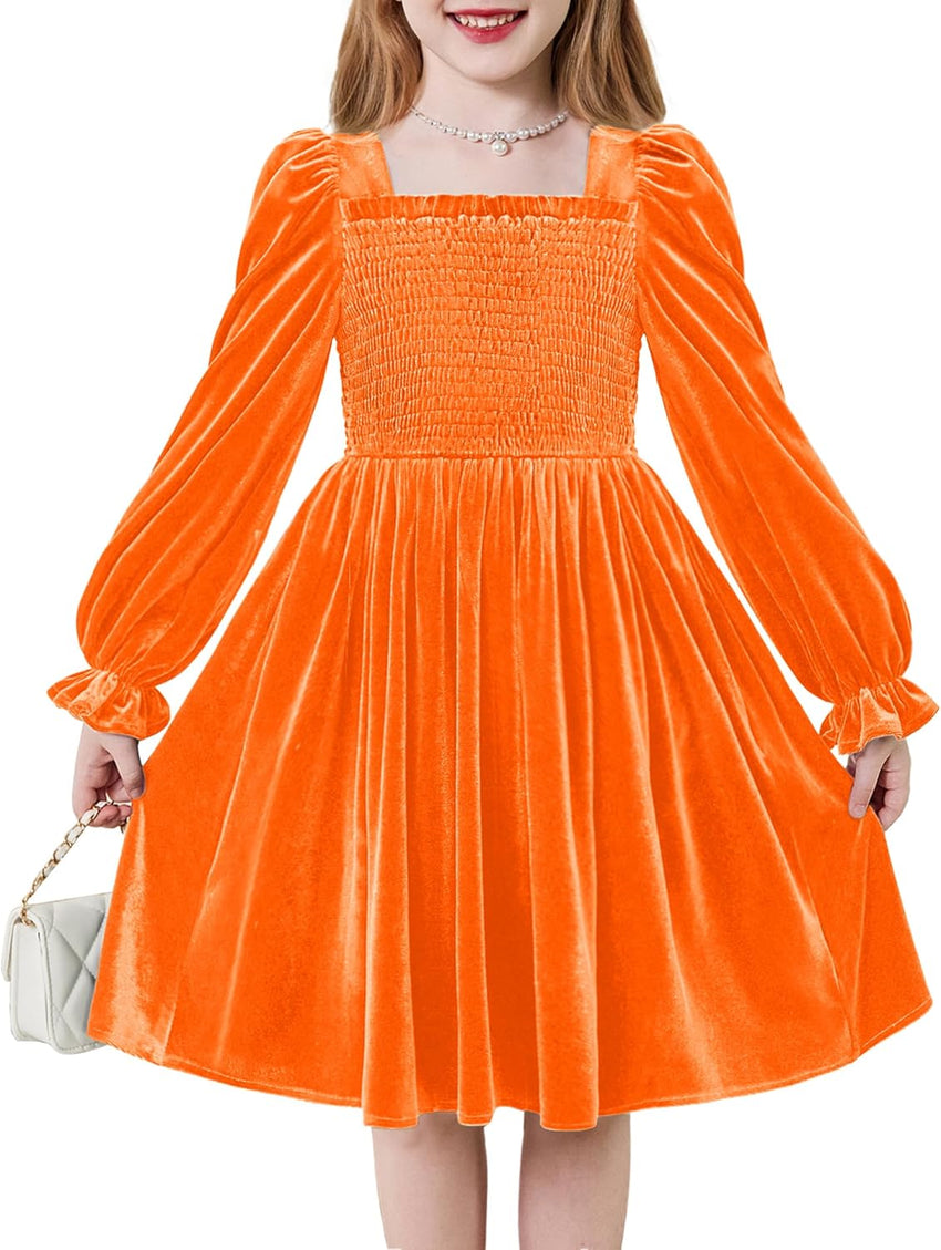 Arshiner Toddler Velvet Dress Girls Smocked Square Neck Puff Long Sleeve Party Dresses with Pockets 3-8Y