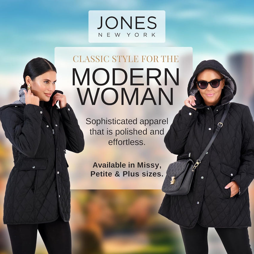 Jones NY Mid-Length Womens Quilted Jacket with Pockets - Winter Coats for Women, Black