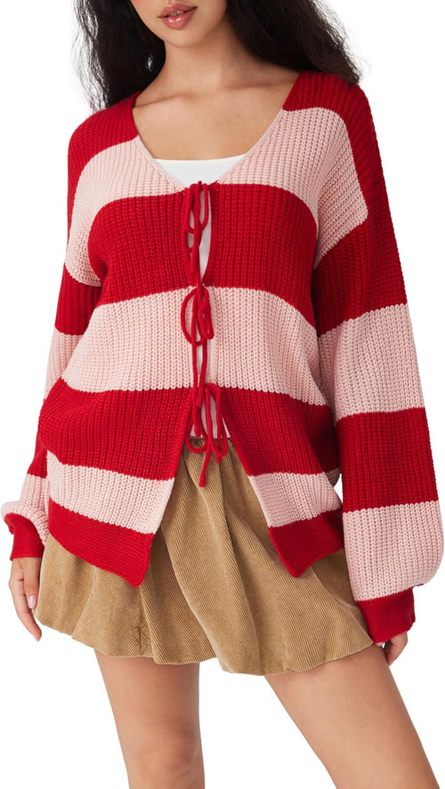 CIDER Cardigan Sweater for Women Tie Front Striped Long Sleeve V Neck Cute Y2k Fall Trendy Outfits
