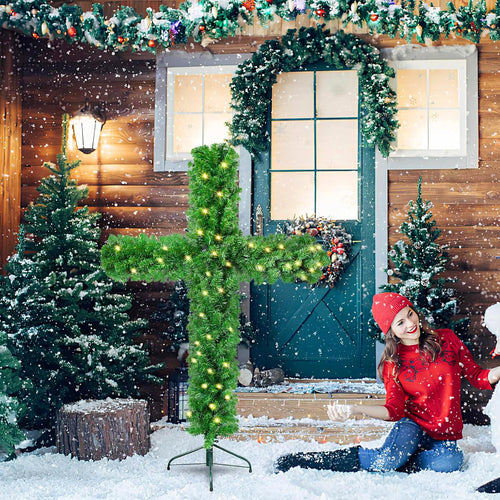 Cross Christmas Tree - 6 Ft Pre-Lit Artificial Pine Cross With LED Lights and White Crown Silk (4ft)