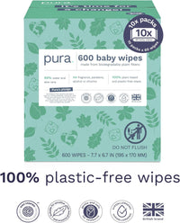 Pura Natural Sensitive Baby Wipes, 99% Water, Unscented & Hypoallergenic, Suitable for Sensitive & Eczema-prone Skin, Hypoallergenic, EWG Verified, 10 Pack of 60 Wet Wipes (600 Diaper Wipes) Bulk Buy