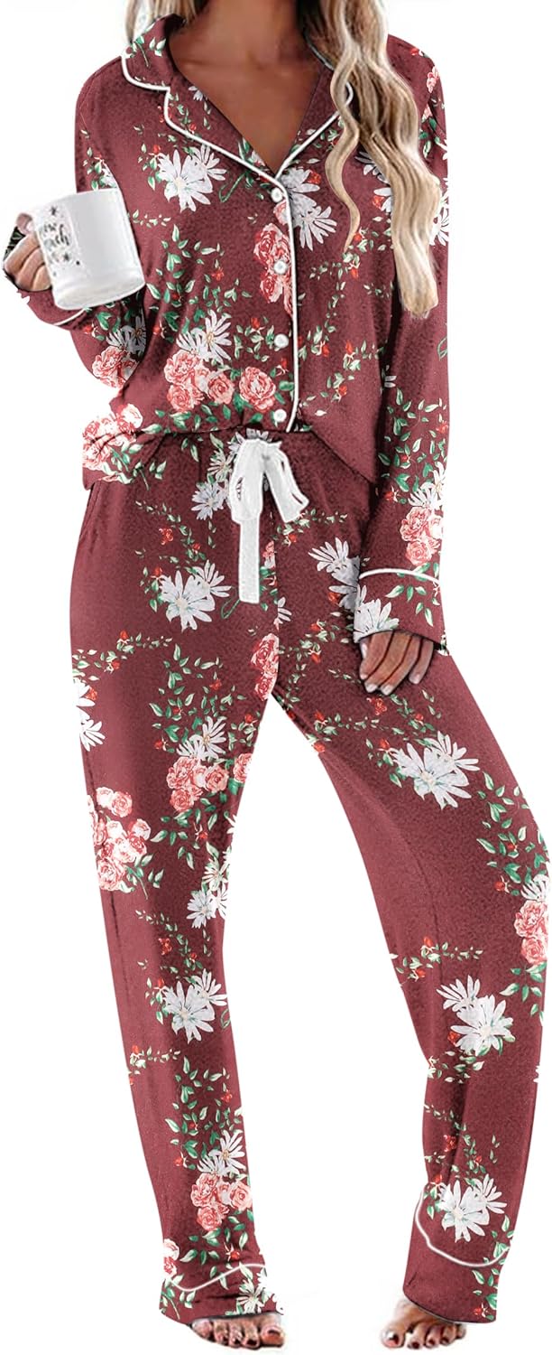 Ekouaer Women's Pajamas Long Sleeve Sleepwear Casual Button Down Loungewear Soft Pjs Set S-XXL