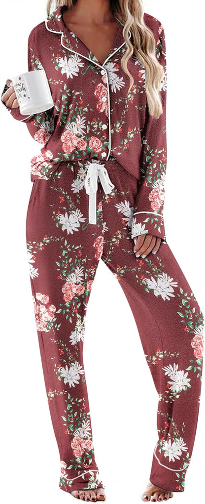 Ekouaer Women's Pajamas Long Sleeve Sleepwear Casual Button Down Loungewear Soft Pjs Set S-XXL