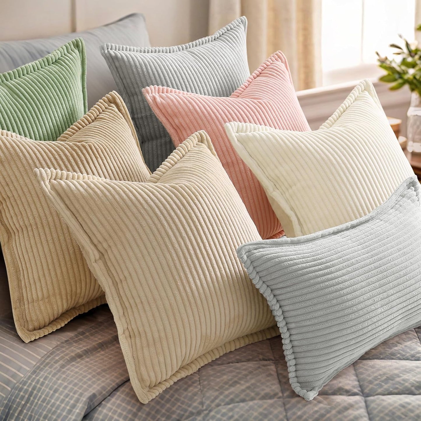 decorUhome Christmas Corduroy Cream White Throw Pillow Covers 18x18 Set of 2 Decorative Soft Boho Farmhouse Euro Couch Pillow Covers for Living Room Bed Sofa Broadside Striped Pillow Cases