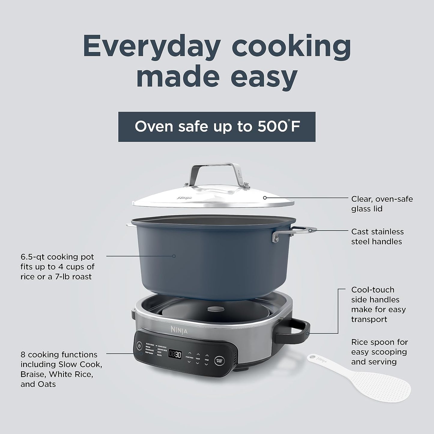Ninja MC1101 Foodi Everyday Possible Cooker Pro, 8-in-1 Versatility, One-Pot Faster Cooking Replaces 10 Tools, Family-Sized Capacity with Adjustable Temp Control, 6.5 quarts, Midnight Blue