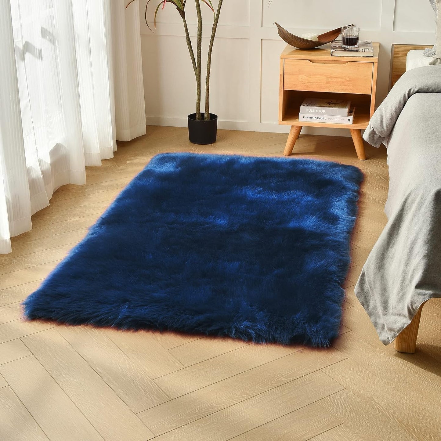 duduta Navy Blue Faux Sheepskin Throw Rug 2x3 ft, Fluffy Shag Fur Chair Cover Small Bedside Dorm Rug Non Slip Machine Washable