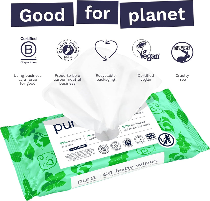 Pura Natural Sensitive Baby Wipes, 99% Water, Unscented & Hypoallergenic, Suitable for Sensitive & Eczema-prone Skin, Hypoallergenic, EWG Verified, 10 Pack of 60 Wet Wipes (600 Diaper Wipes) Bulk Buy