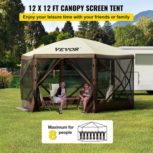 VEVOR 12 * 12ft 6 Sided Pop-up Canopy Shelter Tent with Mesh Windows, Portable Carry Bag, Stakes, Large Shade Tents for Outdoor Camping, Lawn and Backyard, Brown/Beige