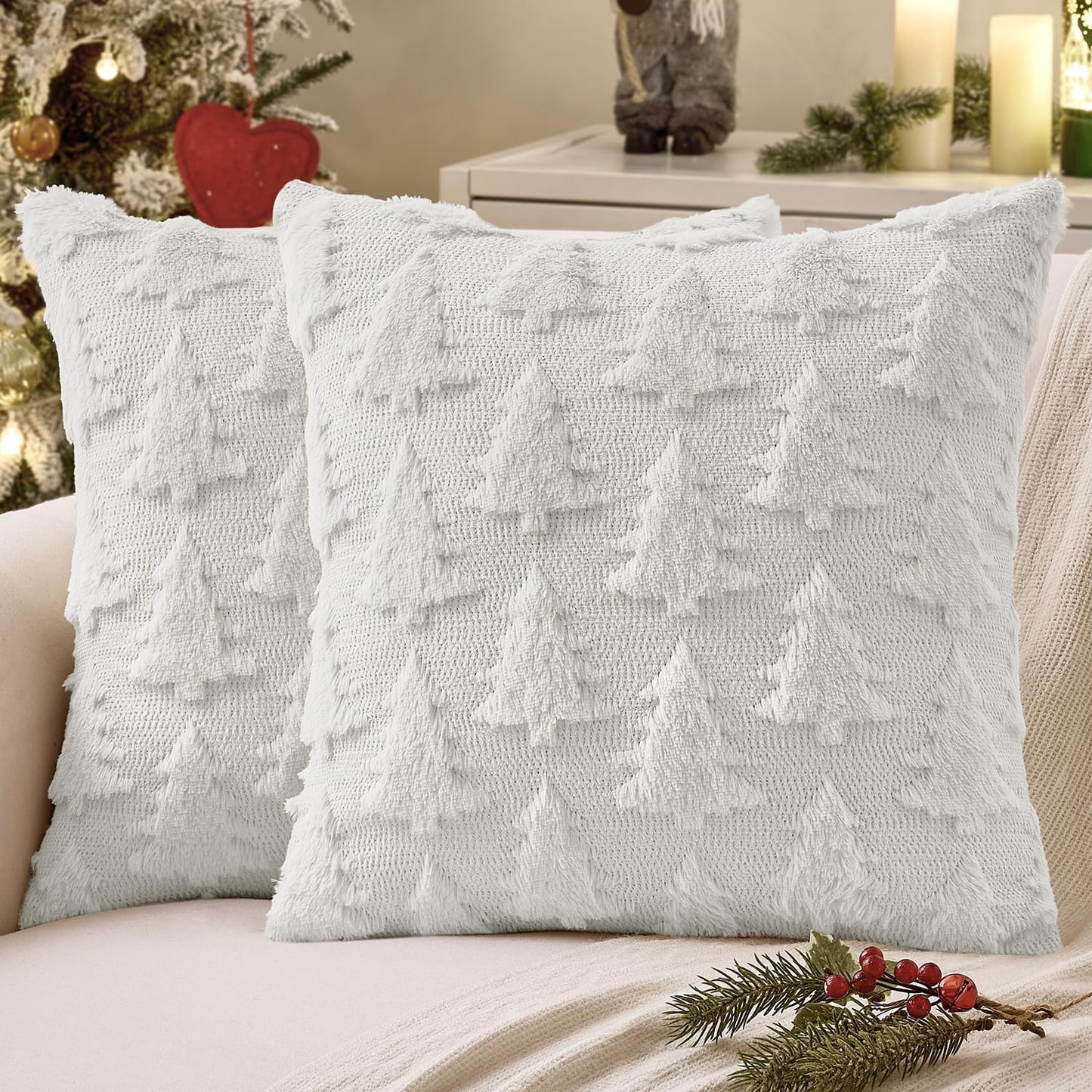 MIULEE Christmas Throw Pillow Covers Dark Green Christmas Decorations Set of 2 Xmas Tree 18x18 Pillow Covers Soft Plush Faux Wool Pillowcases Holiday Festivals Winter Home Decor Sofa Couch Bed Porch