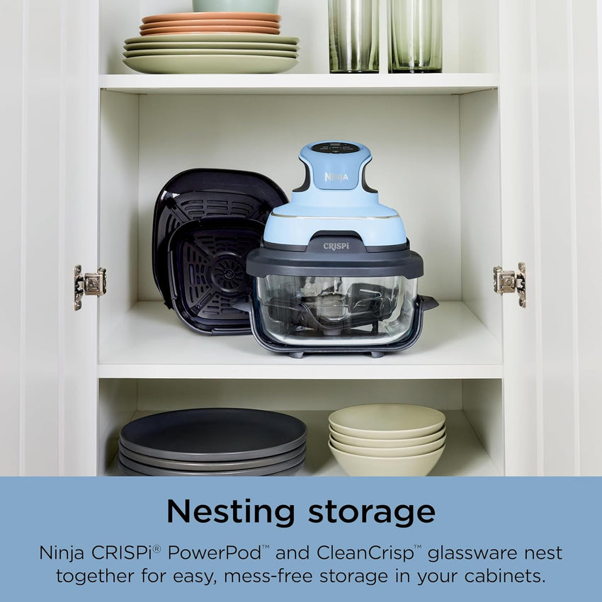 Ninja Crispi 4-in-1 Portable Glass Air Fryer Cooking System, 4QT & 6Cup Glass Containers with Storage Lids, Easy Meals, Microwave, Freezer & Dishwasher Safe, Air Fry, Bake, & More, Periwinkle, FN101PL