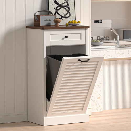 Spurgehom Tilt Out Trash Cabinet,13 Gallon Louvered Door Laundry Hamper Cabinet with Hideaway Drawers,Freestanding Garbage Can Cabinets for Kitchen & Living Room,White