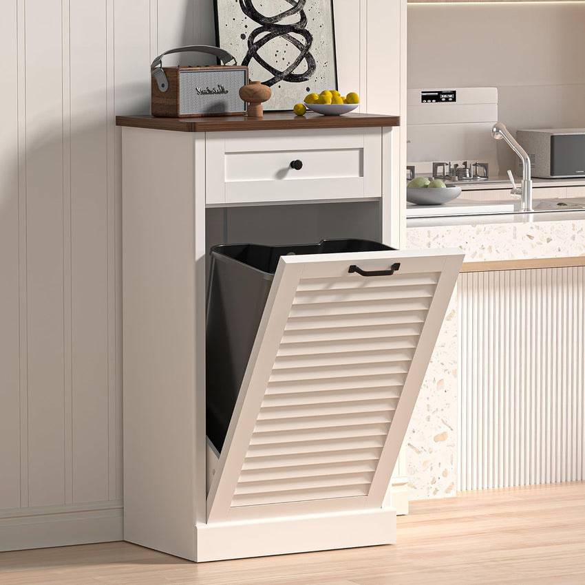 Spurgehom Tilt Out Trash Cabinet,13 Gallon Louvered Door Laundry Hamper Cabinet with Hideaway Drawers,Freestanding Garbage Can Cabinets for Kitchen & Living Room,White