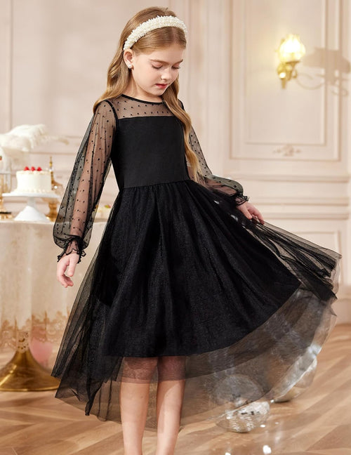 Arshiner Girls Dresses Contrast Mesh Long Sleeve Twirly High Low Birthday Party Formal Dress