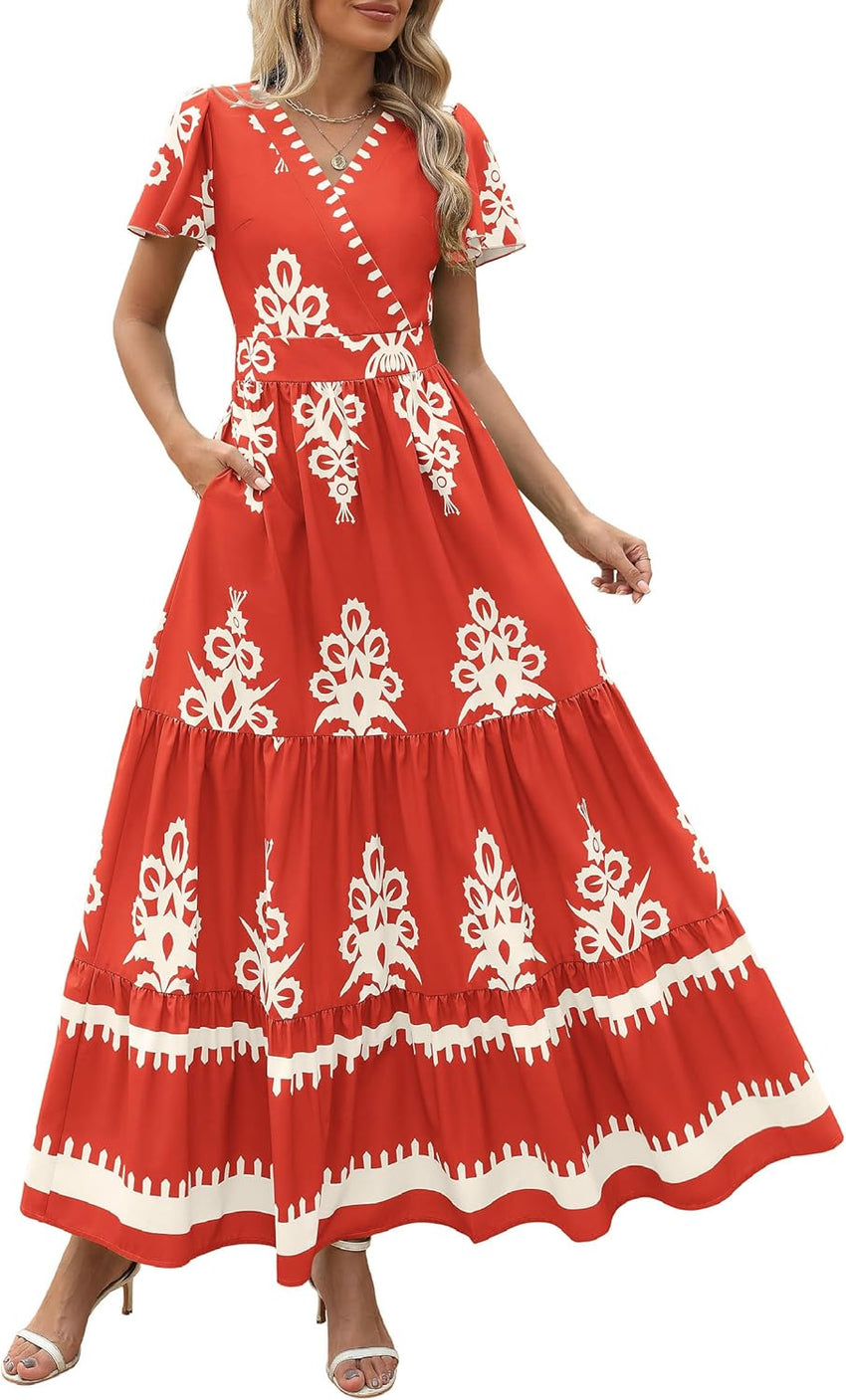 PRETTYGARDEN Womens 2025 Summer Casual V Neck Boho Maxi Dress Flowy Aline Bell Sleeve Tiered Floral Dresses with Pocket