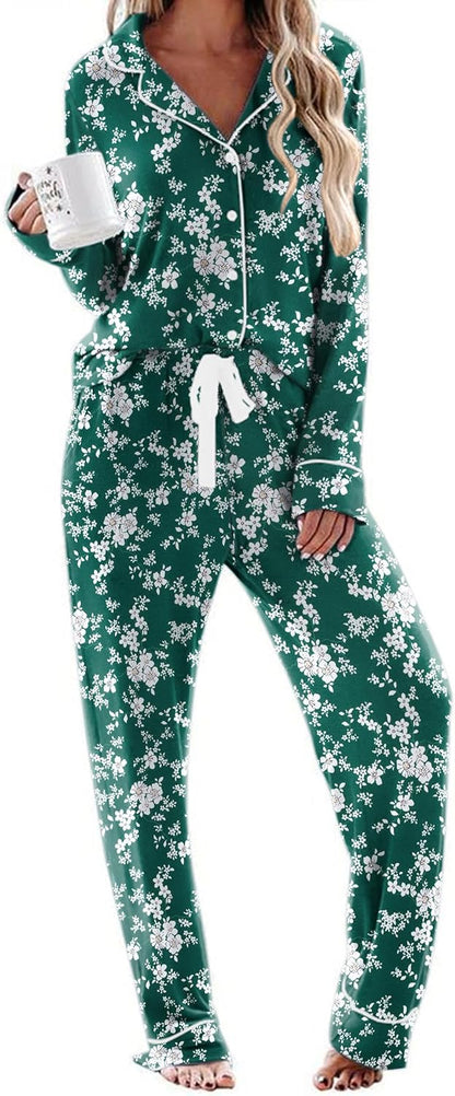 Ekouaer Women's Pajamas Long Sleeve Sleepwear Casual Button Down Loungewear Soft Pjs Set S-XXL