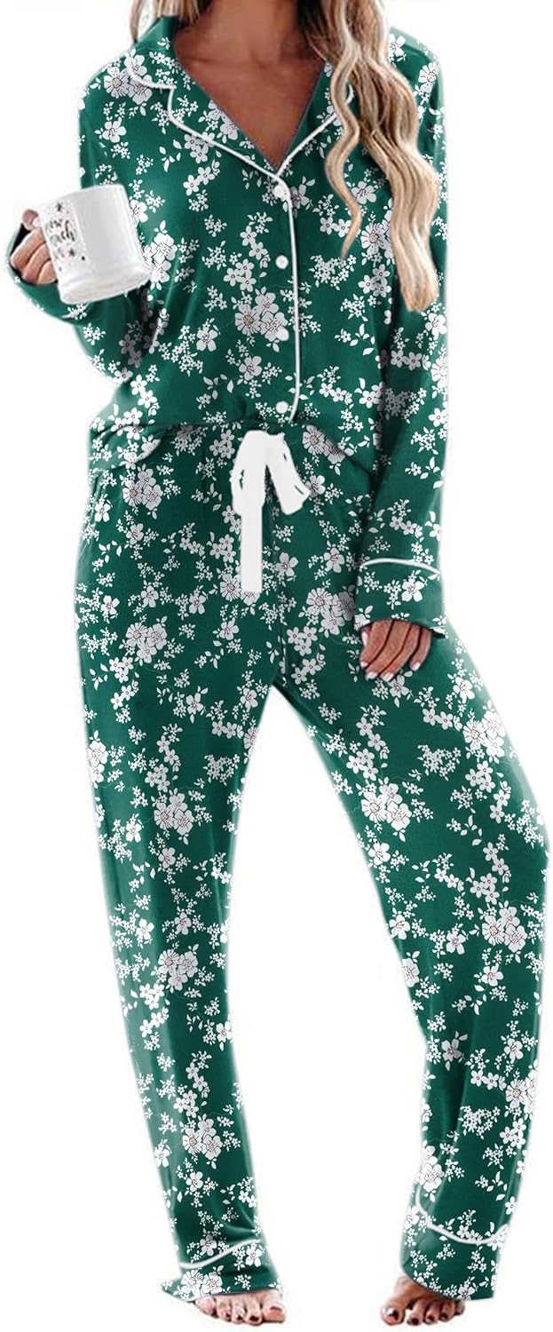 Ekouaer Women's Pajamas Long Sleeve Sleepwear Casual Button Down Loungewear Soft Pjs Set S-XXL