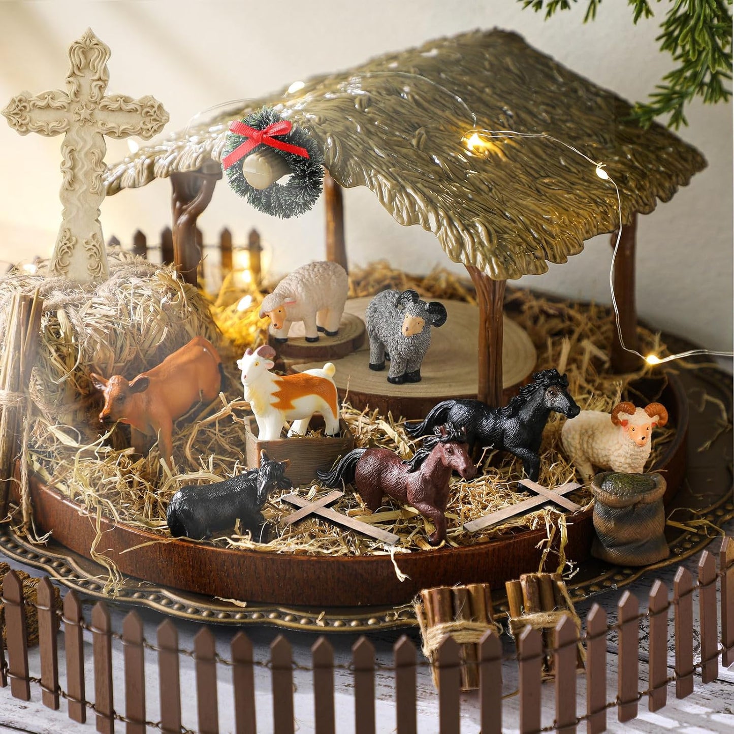 Thyle 20 Pcs Christmas Nativity Scene Manger Shed Kits Miniature Stable for Christmas Nativity Table Top Decor Including Thatched Roof, Fence, Farm Animals, Hay Bales & Tools Firewood Pile Cow