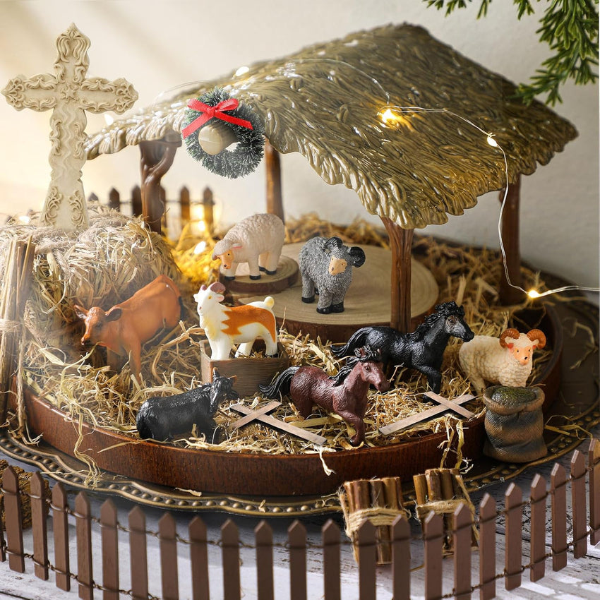 Thyle 20 Pcs Christmas Nativity Scene Manger Shed Kits Miniature Stable for Christmas Nativity Table Top Decor Including Thatched Roof, Fence, Farm Animals, Hay Bales & Tools Firewood Pile Cow