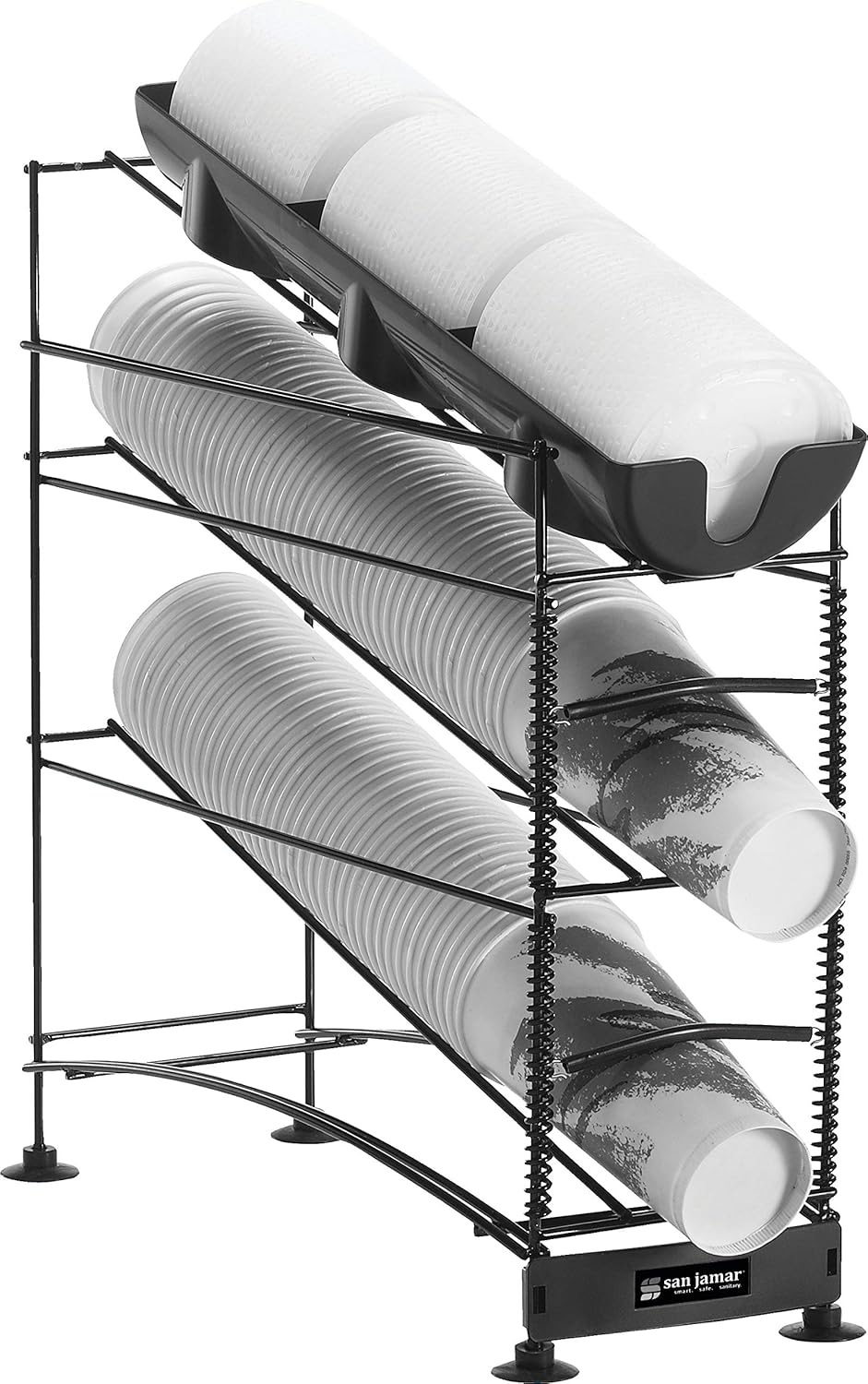 San Jamar Wireworks Cup and Lid Dispenser Fits 8 - 44 Oz. Cups, 3 Tiers with Suction Cup Feet for Restaurants, Fast Food, And Kitchens, Plastic, 8.25 X 20.5 X 22.5 Inches, Black