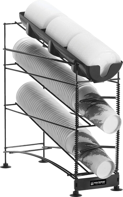 San Jamar Wireworks Cup and Lid Dispenser Fits 8 - 44 Oz. Cups, 3 Tiers with Suction Cup Feet for Restaurants, Fast Food, And Kitchens, Plastic, 8.25 X 20.5 X 22.5 Inches, Black