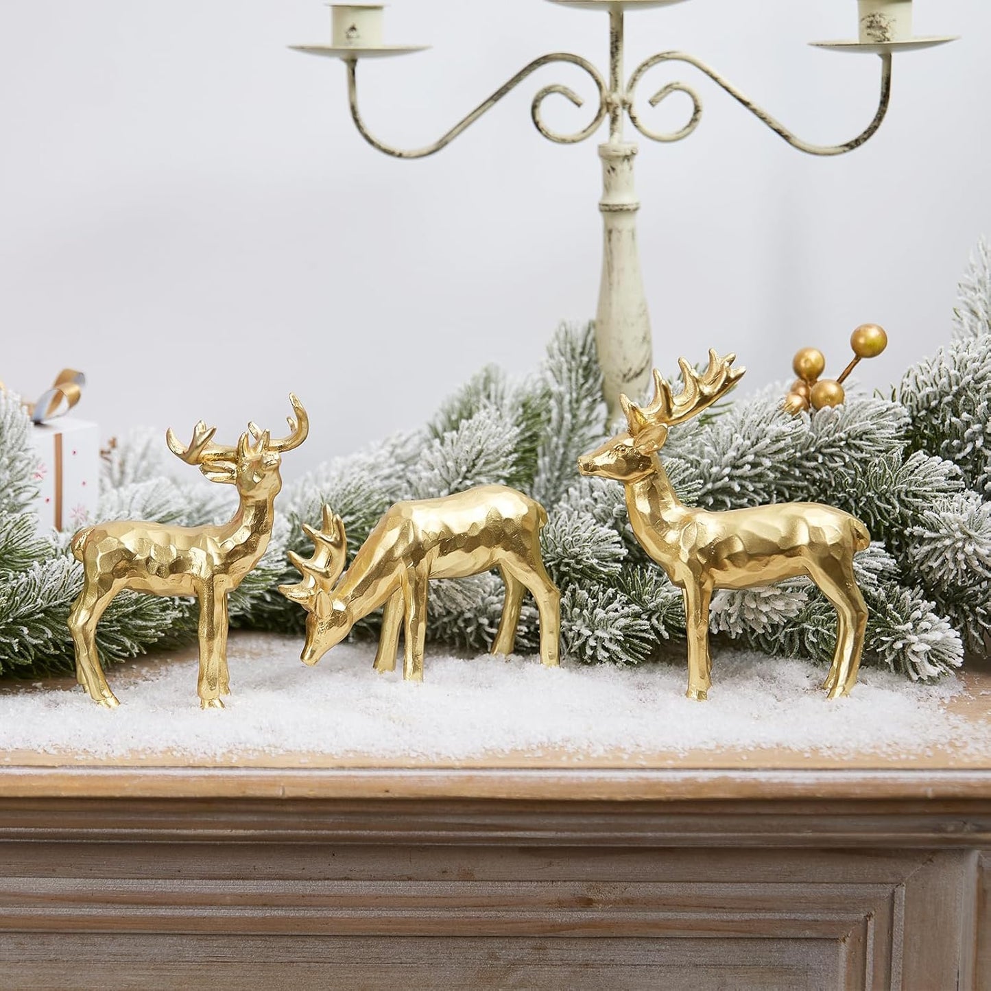 3pcs Resin Reindeer Figurines for Christmas Decor Gold Tabletop Reindeer Statues Small Decorative Deer Figurines for Indoor Christmas Tabletop Mantle Decorations