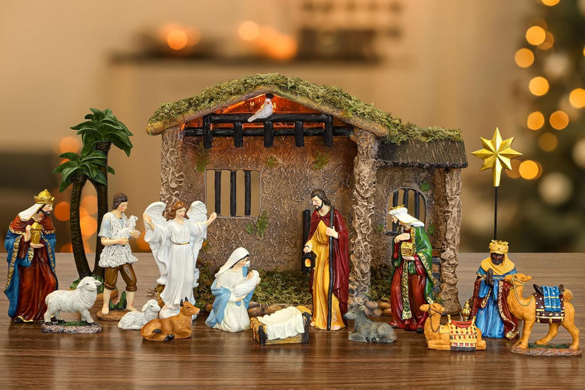 Fovths 17 Pieces Lighted Nativity Christmas Nativity Stable Manger Religious Nativity Stable Manger Figurine Resin Decor for Deluxe Edition Led Nativity Tabletop Holiday Centerpieces Decor, 7 Inch